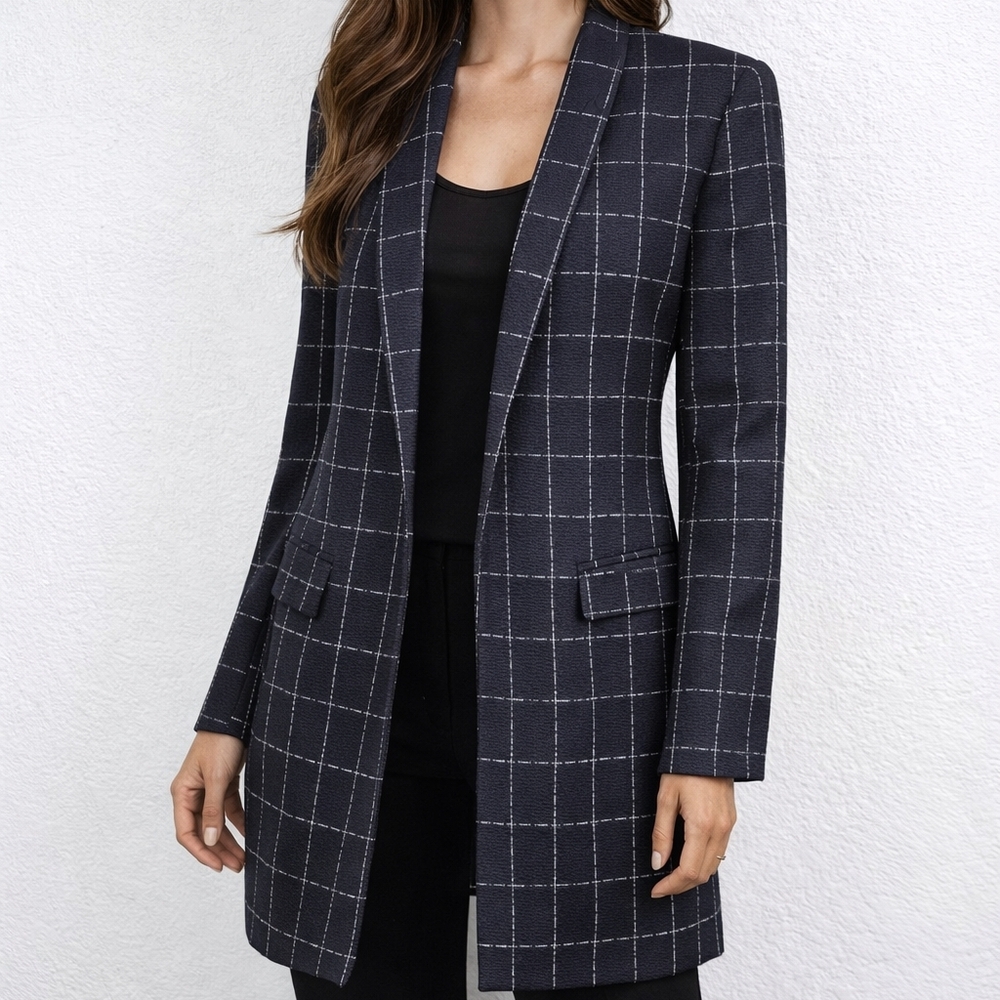 Calvin Klein Black White Windowpane Plaid Long Blazer Sz 4 Office Career Classic
